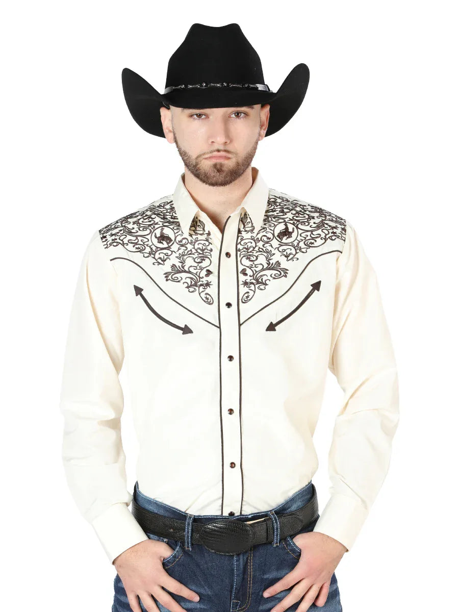 El Señor de los Cielos Embroidery Shirt Beige/Black 44189 - N4dboots.com