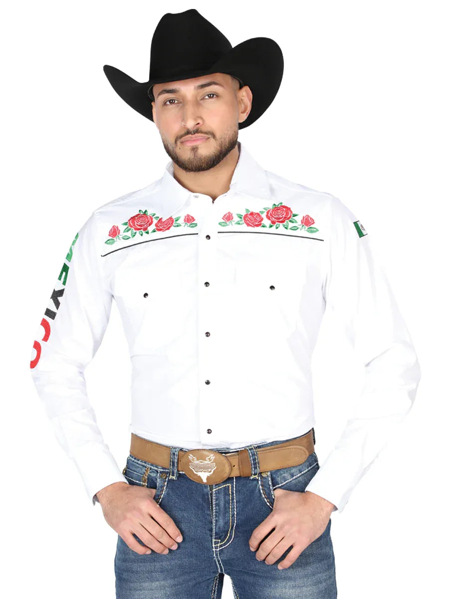 El General Embroidery Western Shirt White/Roses 44294 - N4dboots.com