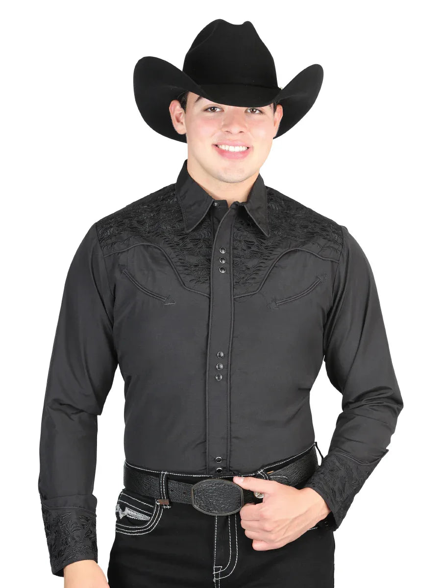 El Señor De Los Cielos Embroidery Shirt Black/Black 44331 - N4dboots.com