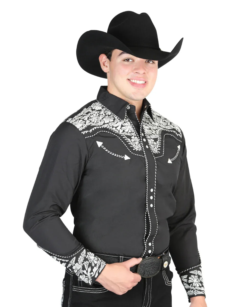 El Señor De Los Cielos Embroidery Shirt Black/Silver 44333 - N4dboots.com