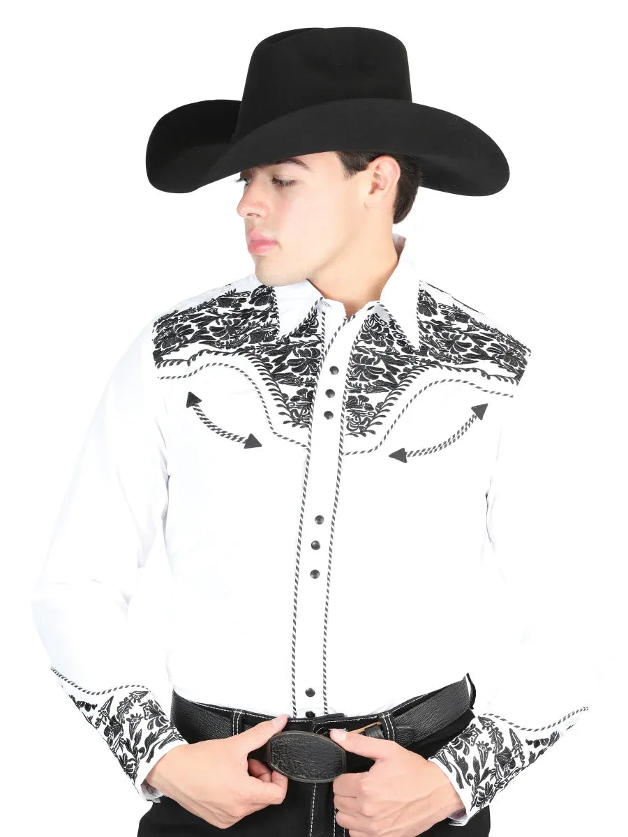 El Señor De Los Cielos Embroidery Shirt White/Black 44334 - N4dboots.com