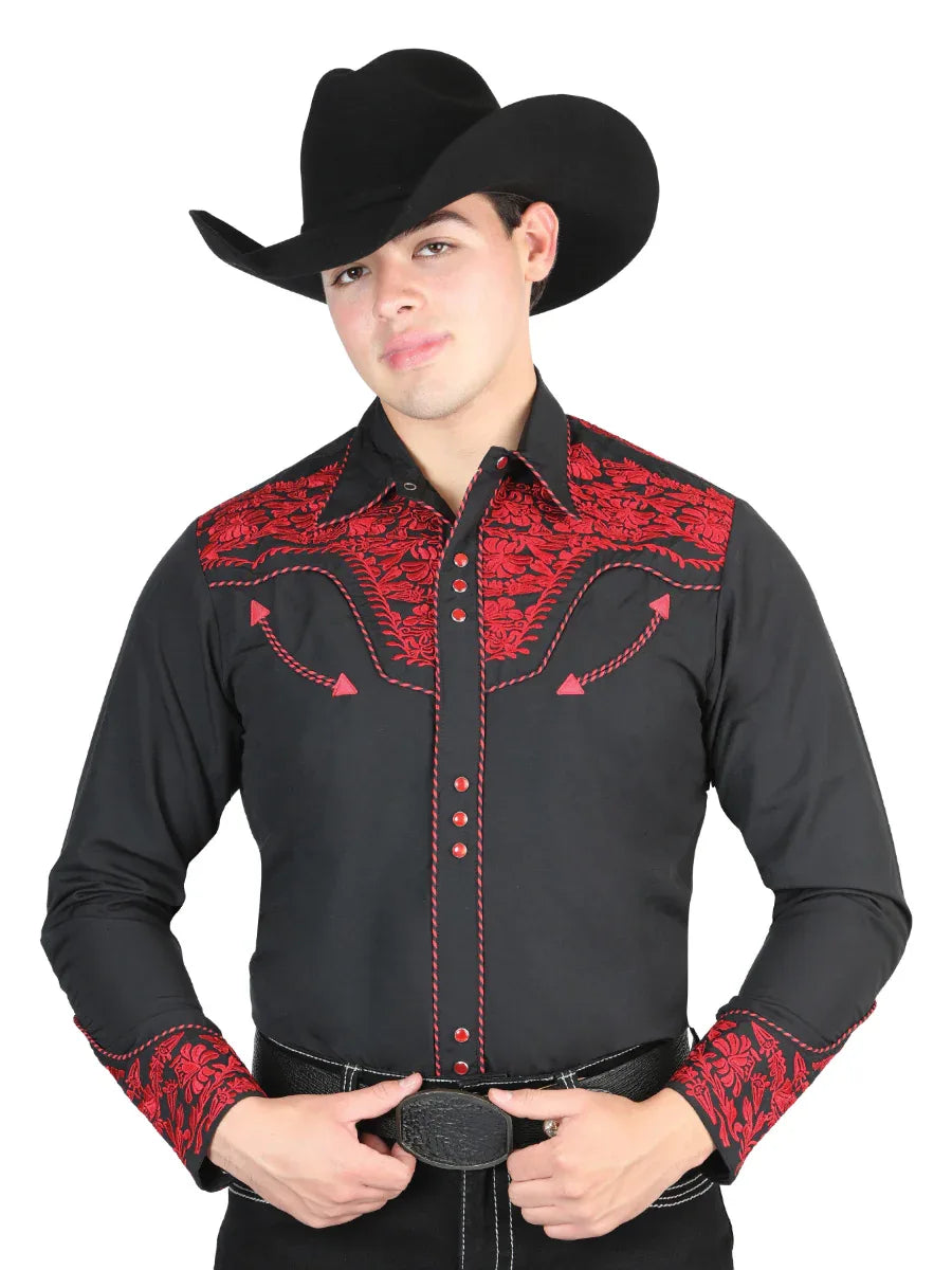 El Señor De Los Cielos Embroidery Shirt Black/Red 44335 - N4dboots.com