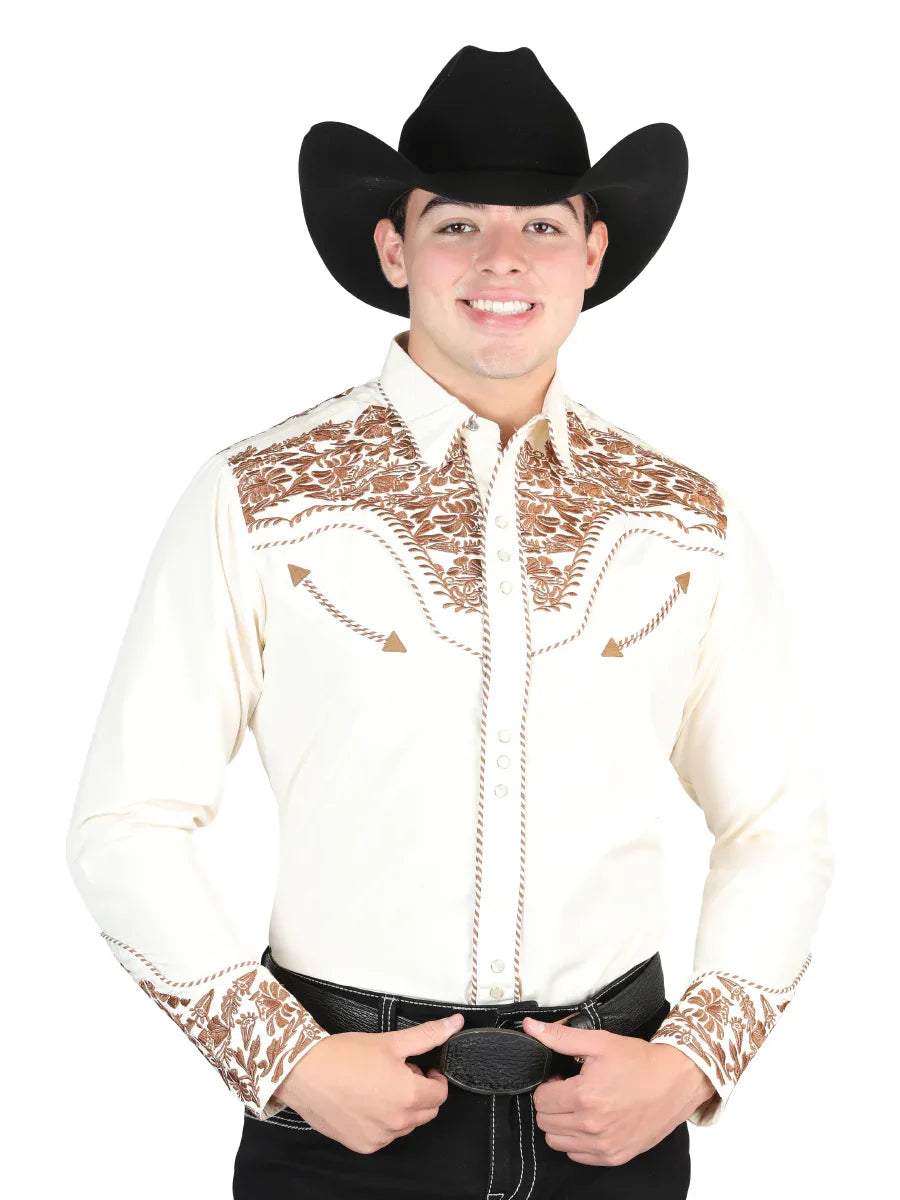El Señor De Los Cielos Embroidery Shirt Beige/Dark Camel 44336 - N4dboots.com