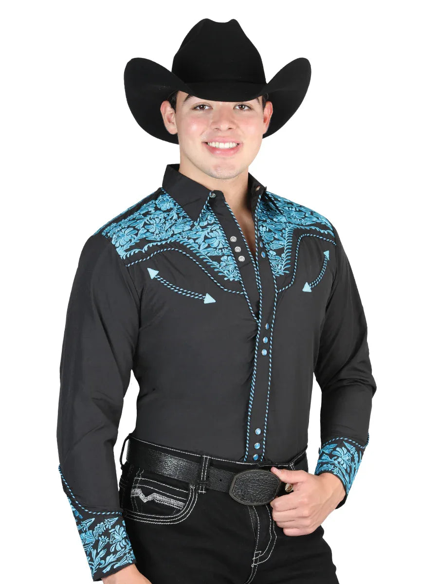 El Señor De Los Cielos Embroidery Shirt Black/Blue 44337 - N4dboots.com