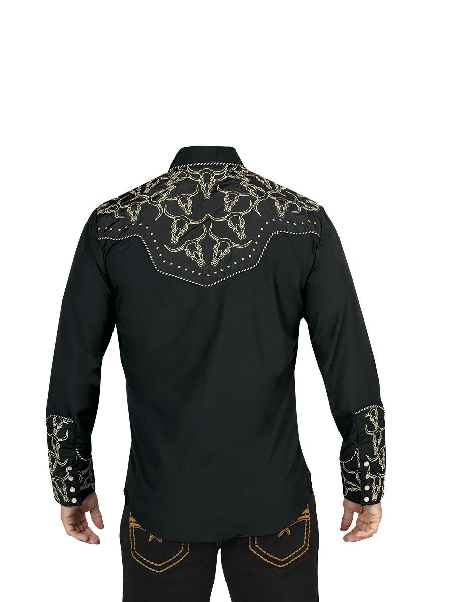 El Señor De Los Cielos Embroidery Shirt Black/Gold 44338 - N4dboots.com