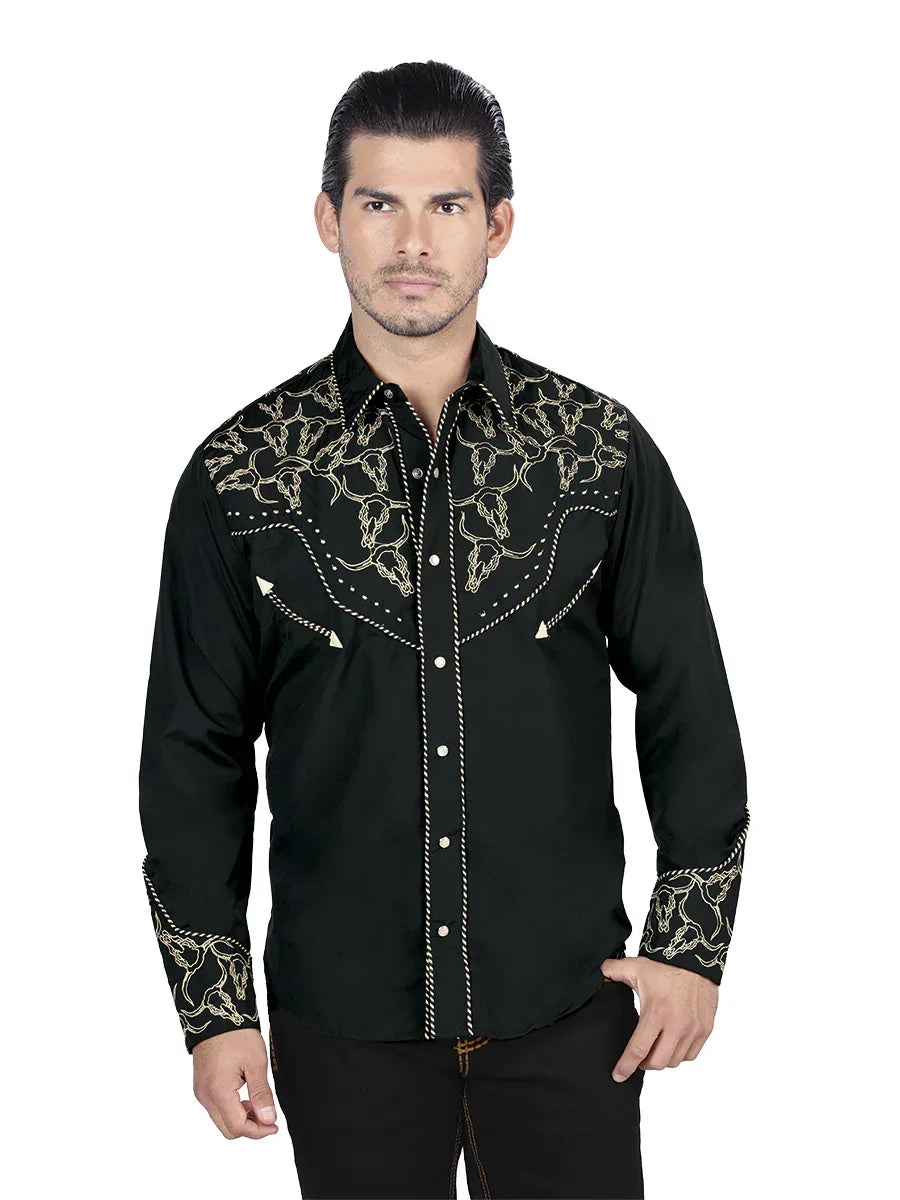El Señor De Los Cielos Embroidery Shirt Black/Gold 44338 - N4dboots.com