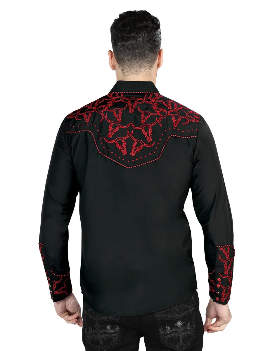 El Señor De Los Cielos Embroidery Shirt Black/Red 44339 - N4dboots.com
