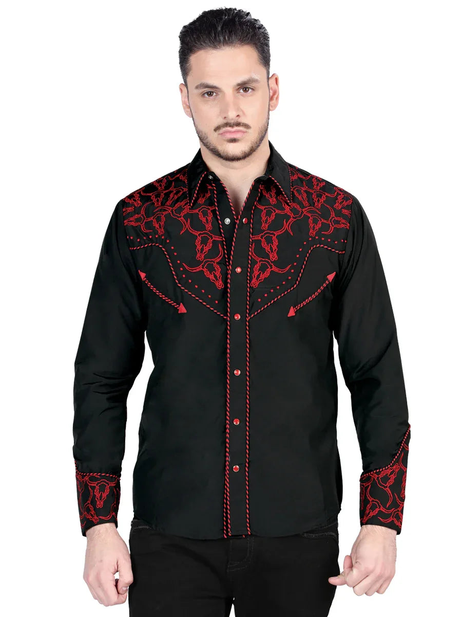El Señor De Los Cielos Embroidery Shirt Black/Red 44339 - N4dboots.com
