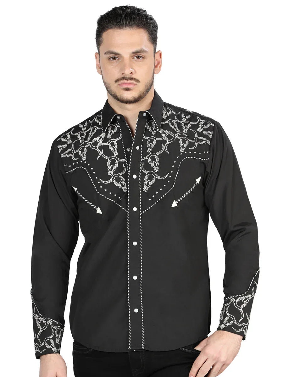 El Señor De Los Cielos Embroidery Shirt Black/White 44340 - N4dboots.com