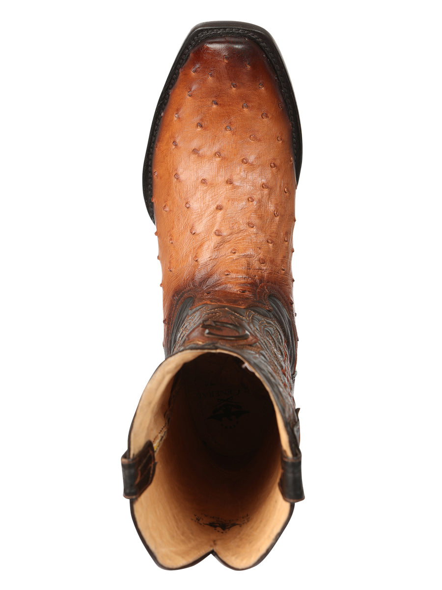 El General Men's Exotic Ostrich Leather Cowboy Boots - Cognac 45517