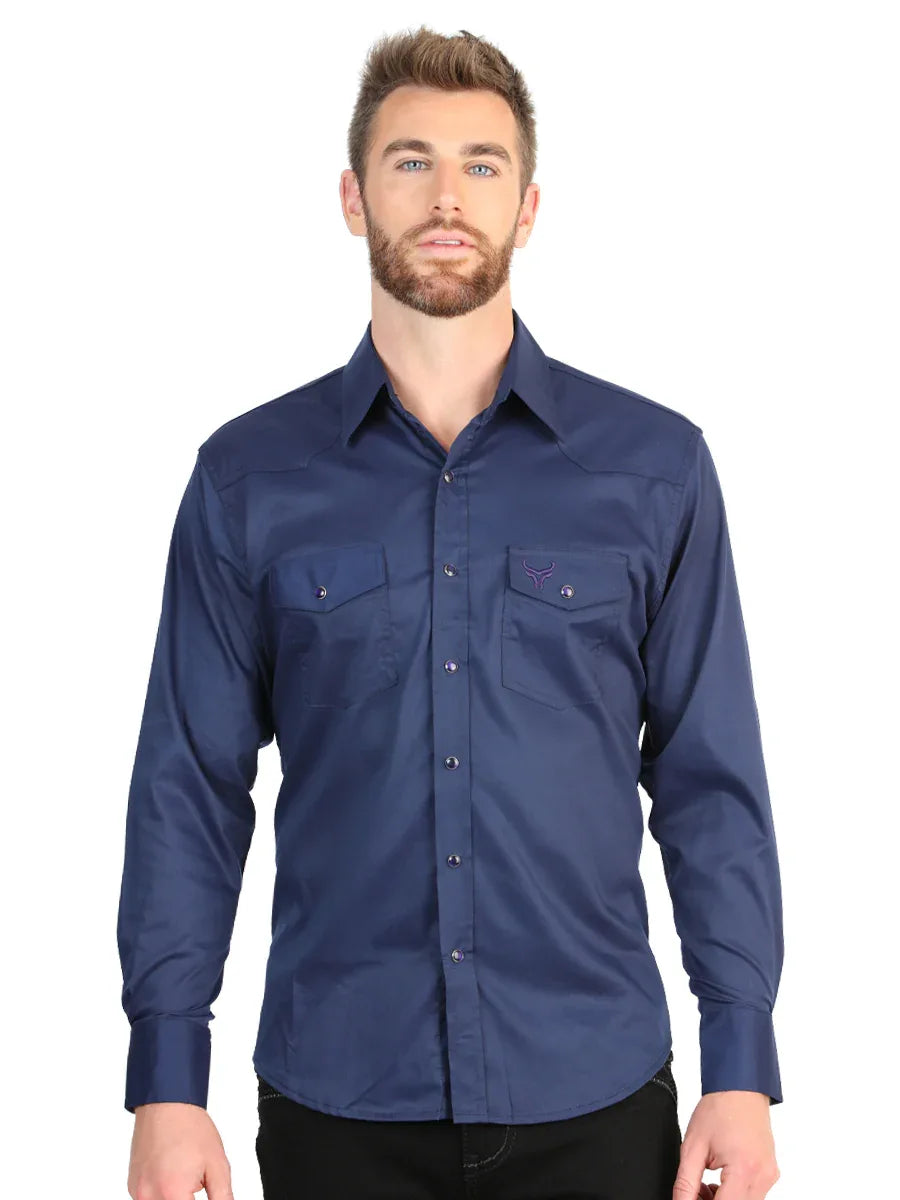 El General Men’s Long Sleeve Western Shirt - Navy Blue Stretch 45616 - N4dboots.com
