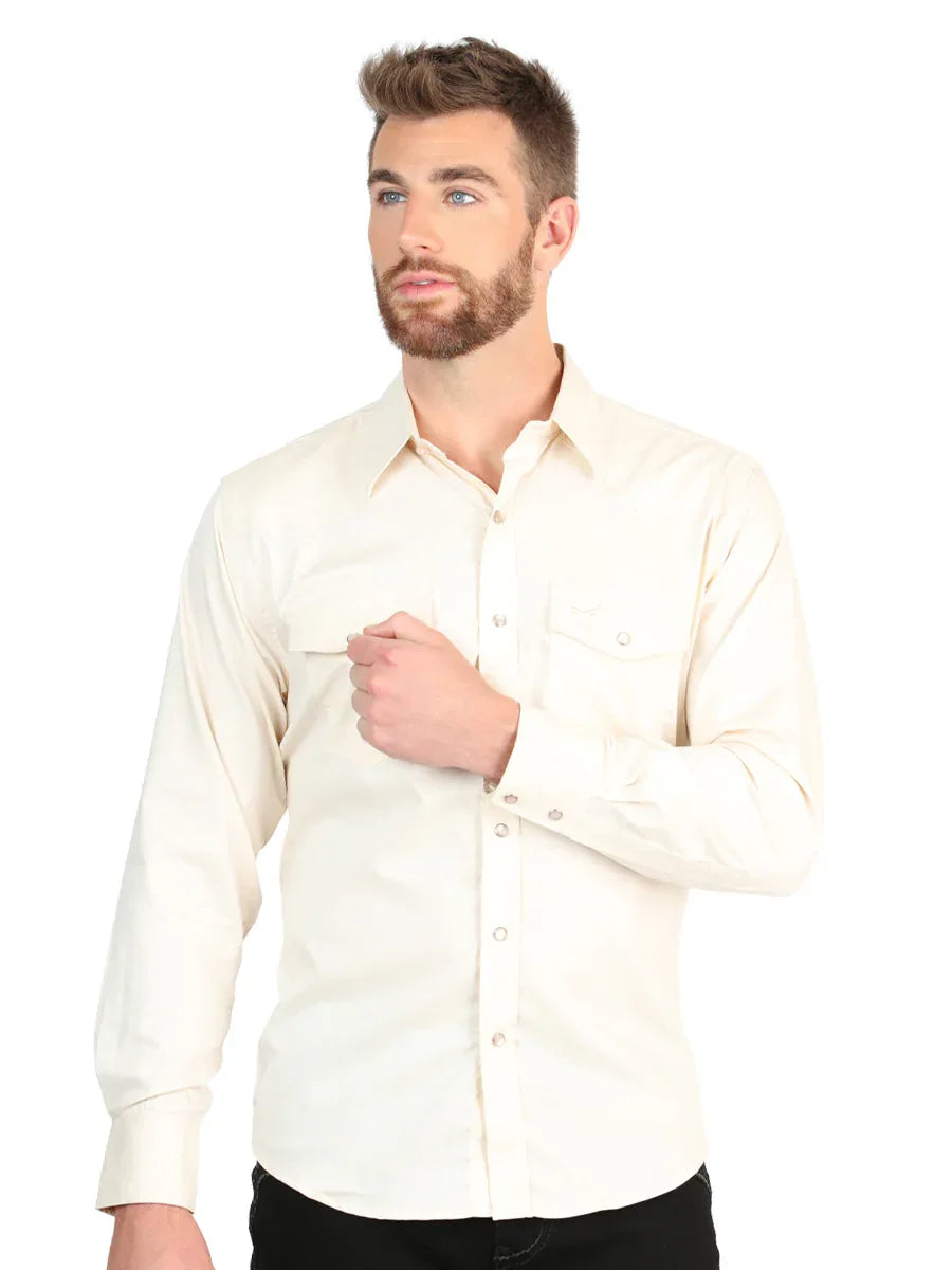 El General Men’s Long Sleeve Western Shirt - Beige Stretch 45617 - N4dboots.com