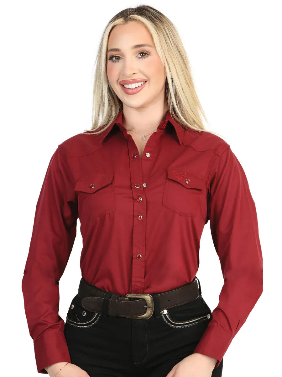El General Women’s Long Sleeve Western Shirt - Burgundy Stretch 45622 - N4dboots.com