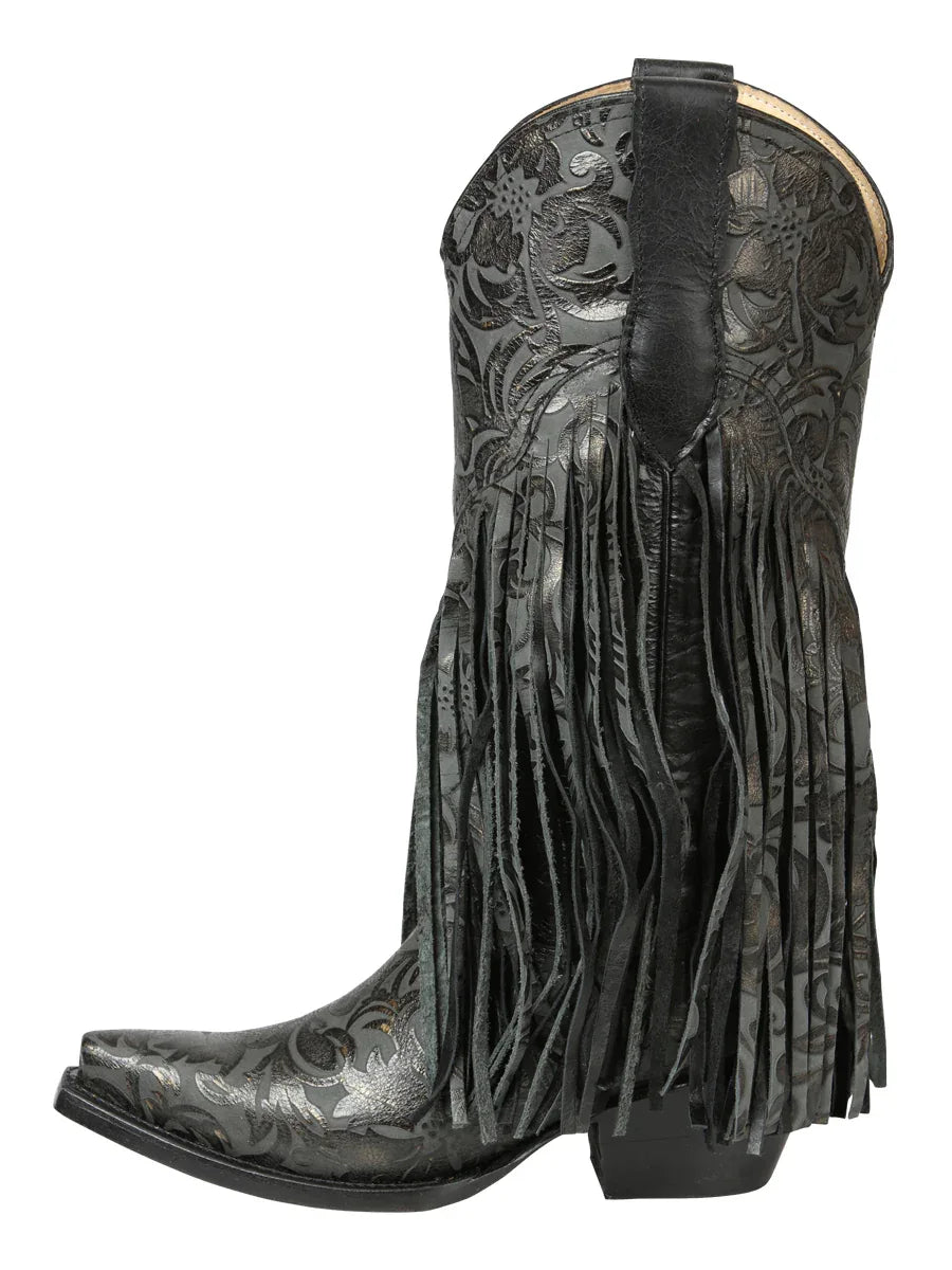 El General Women’s Fringe Western Boots - Black 45796 - N4dboots.com