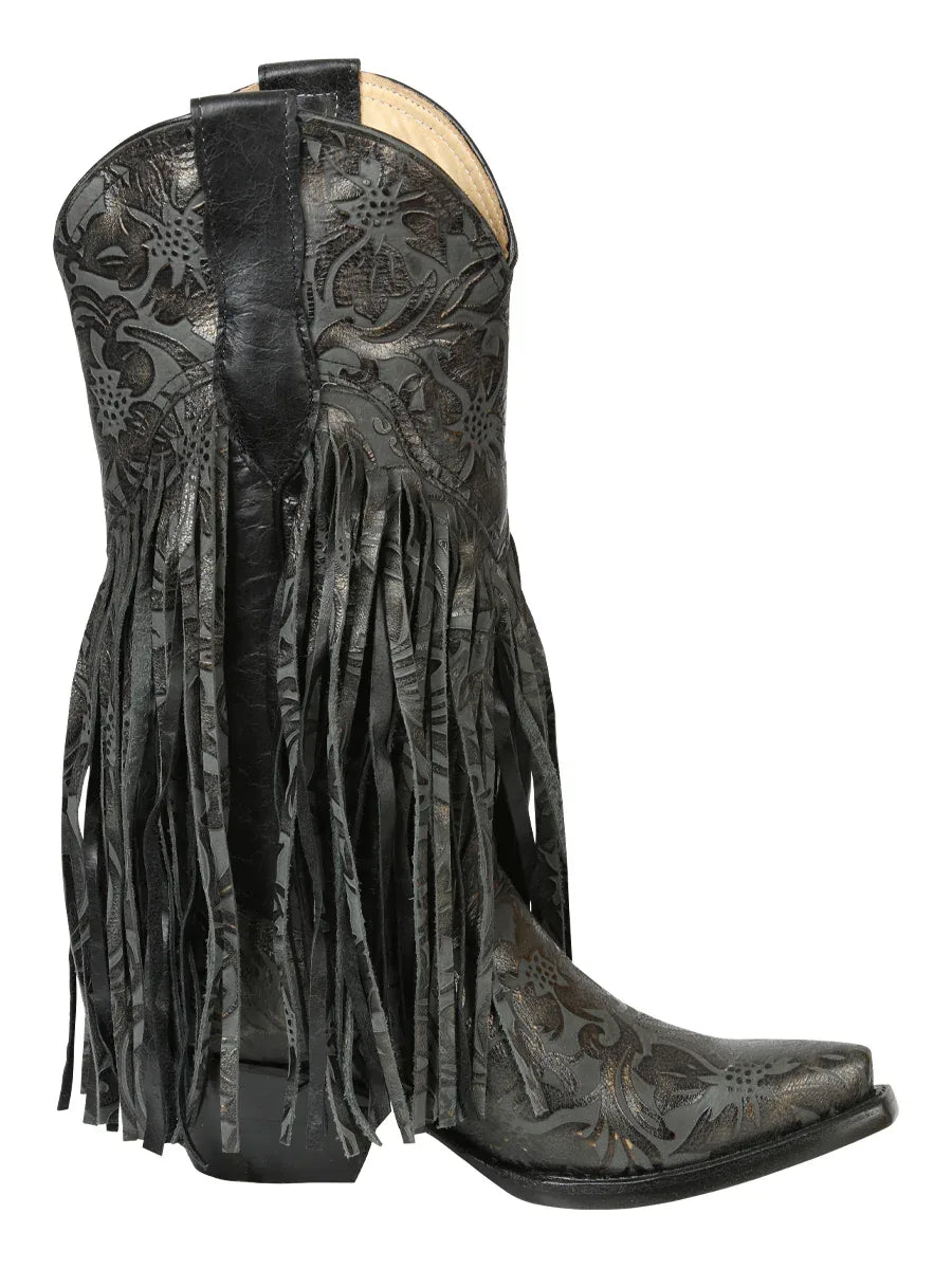 El General Women’s Fringe Western Boots - Black 45796 - N4dboots.com