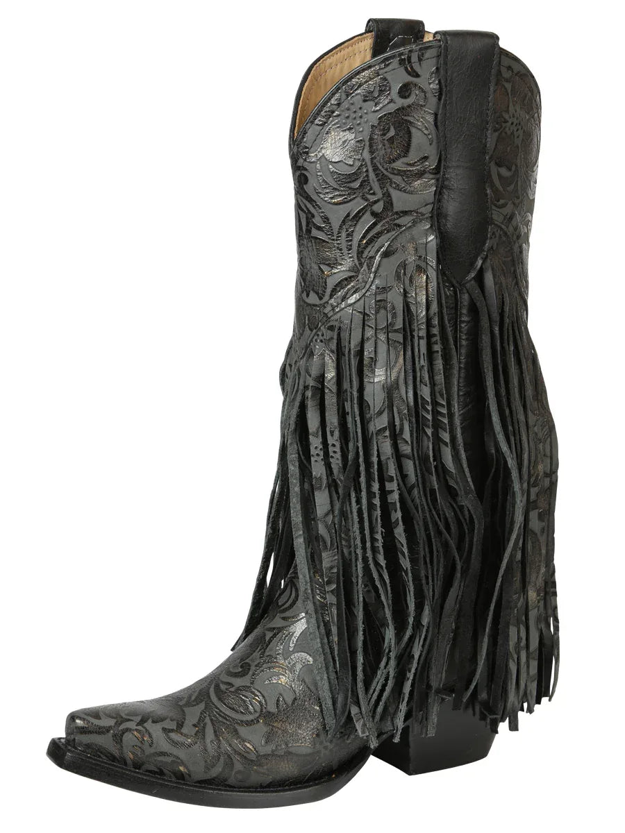 El General Women’s Fringe Western Boots - Black 45796 - N4dboots.com