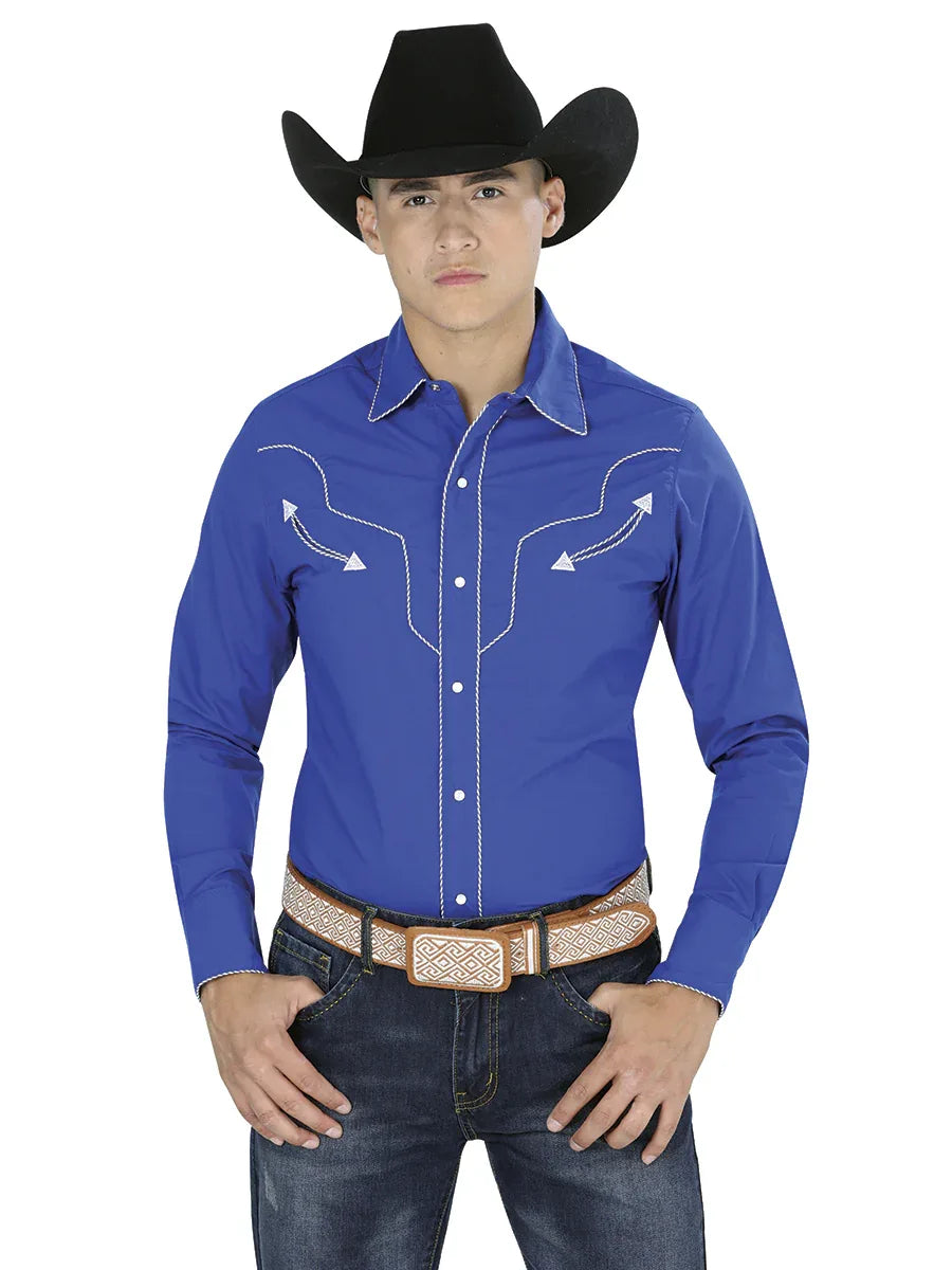 Navy Blue Western Long Sleeve Shirt 123918 - N4dboots.com