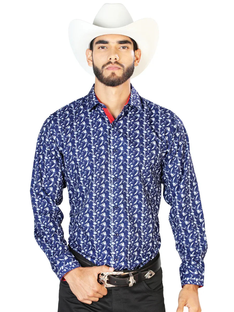 Blue Casual Long Sleeve Shirt 126261 - N4dboots.com