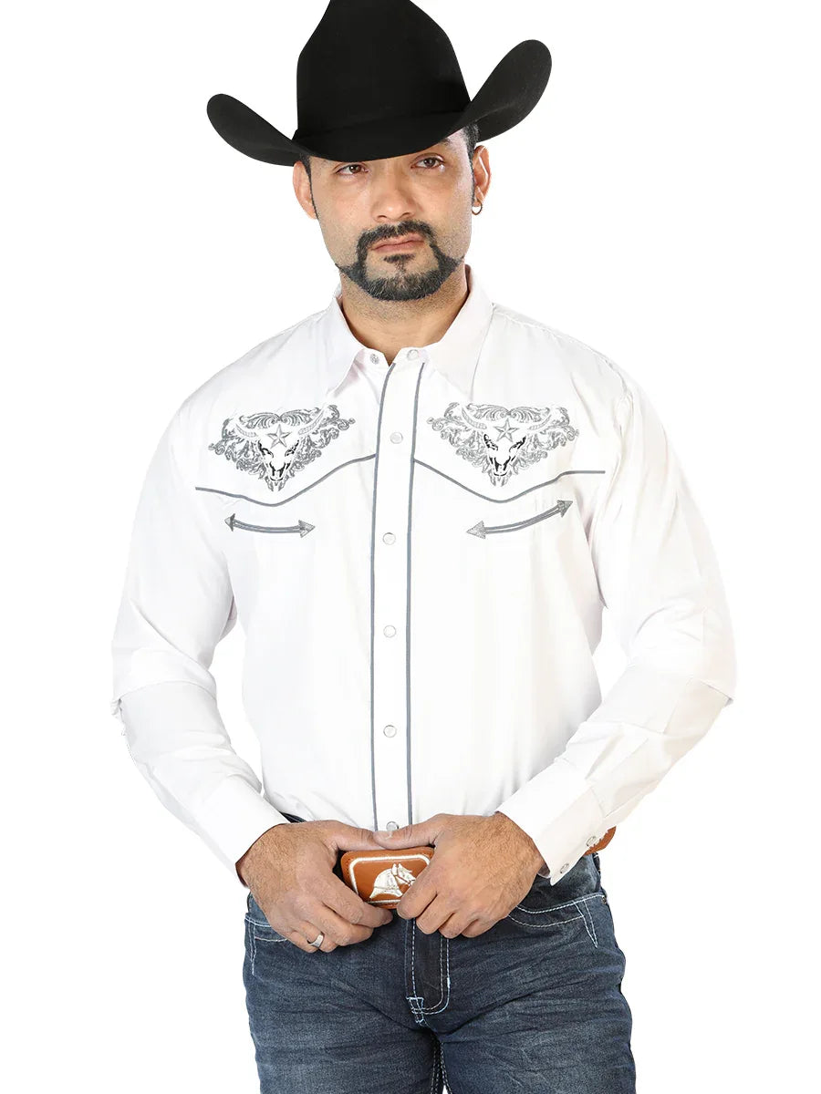 El Señor de los Cielos Embroidery Shirt White/Gray 126677 - N4dboots.com