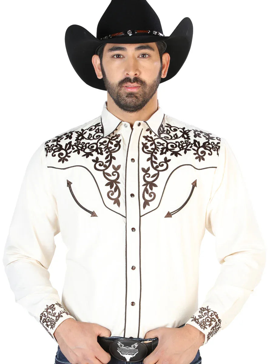 El Señor de los Cielos Embroidery Shirt Beige/Gold 126703 - N4dboots.com