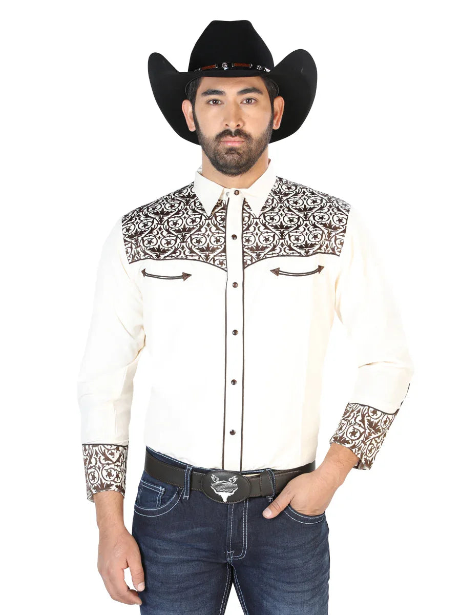 El Señor de los Cielos Embroidery Shirt Beige/Gold 126706 - N4dboots.com