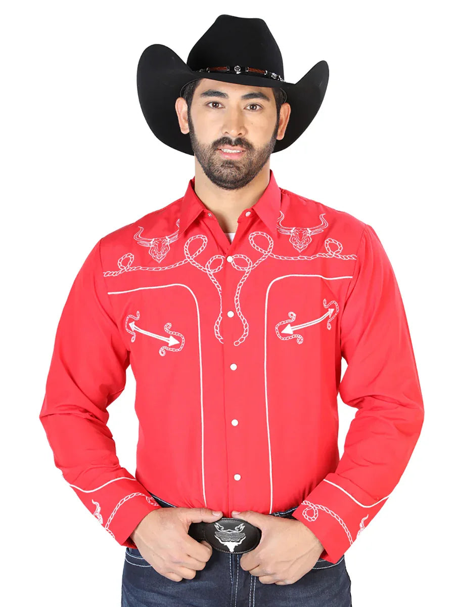 El Señor de los Cielos Embroidery Shirt Red/White 126713 - N4dboots.com