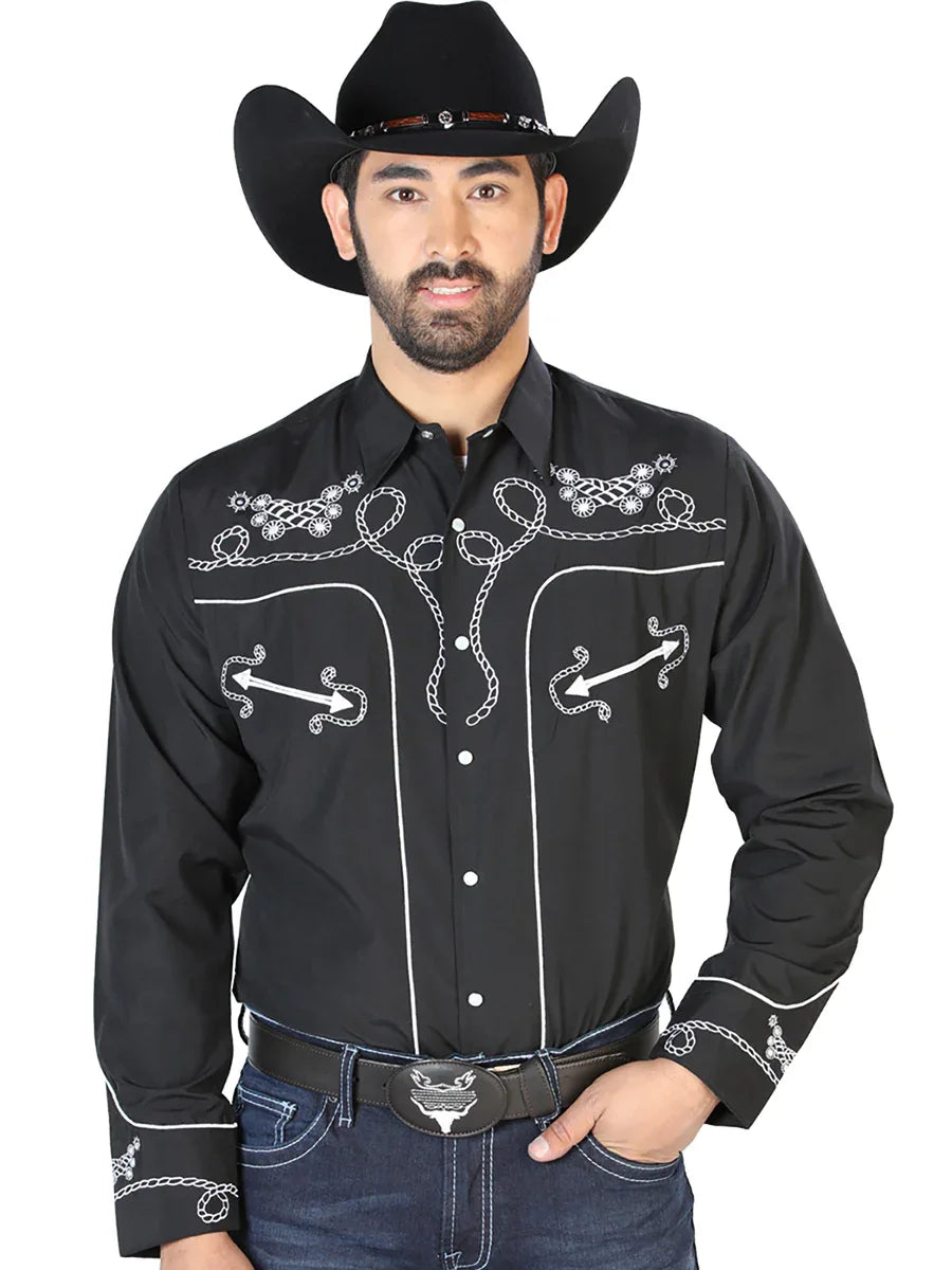 El Señor de los Cielos Embroidery Shirt Black/White 126717 - N4dboots.com