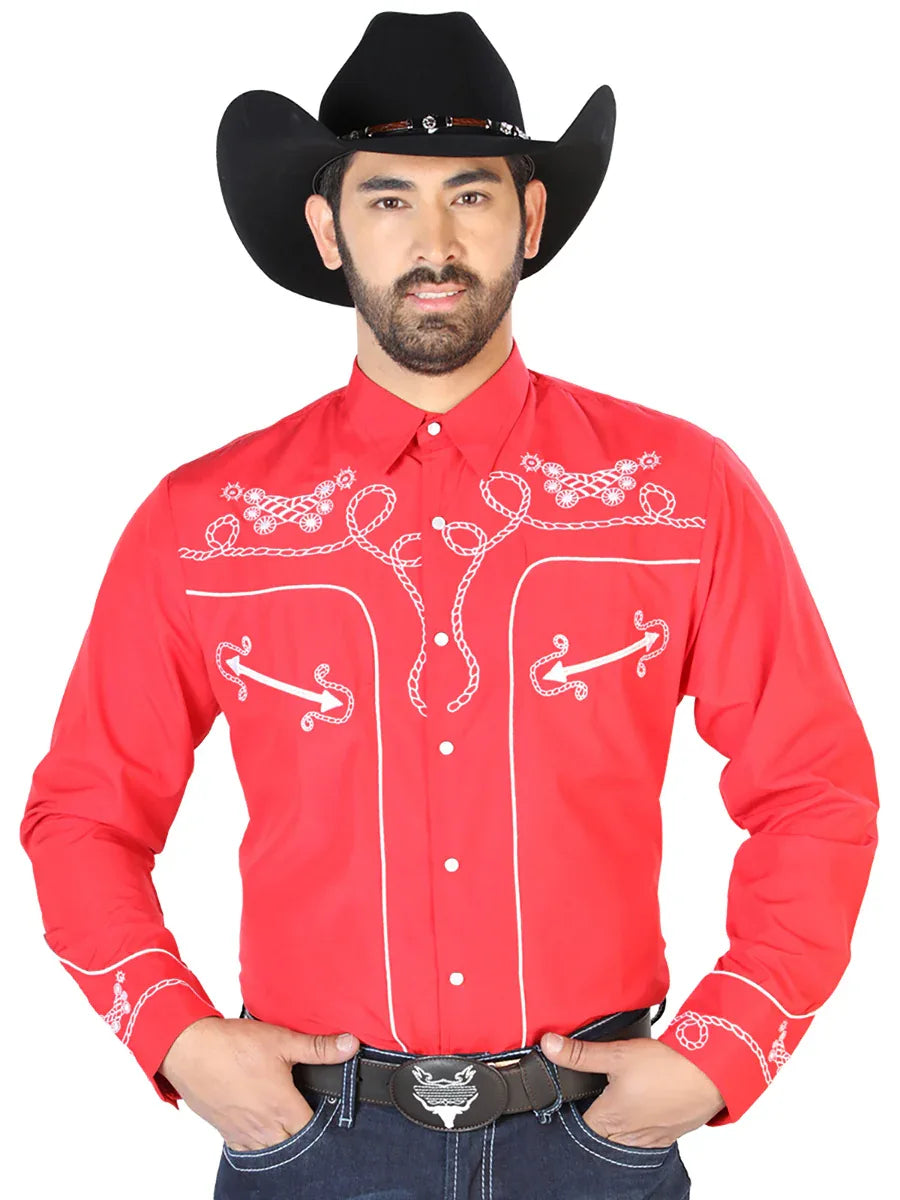El Señor de los Cielos Embroidery Shirt Red/White 126719 - N4dboots.com