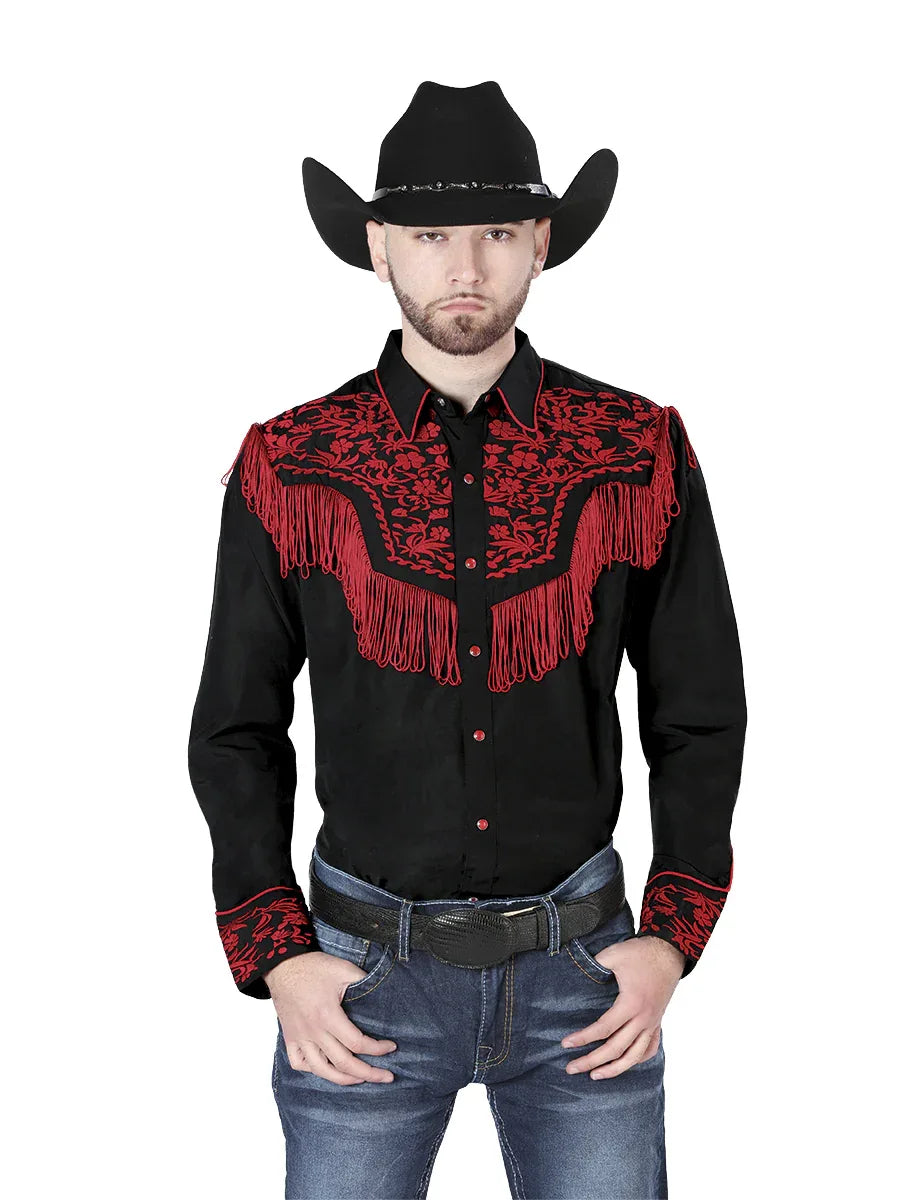 El Señor de los Cielos Embroidery Shirt Black/Red 126726 - N4dboots.com