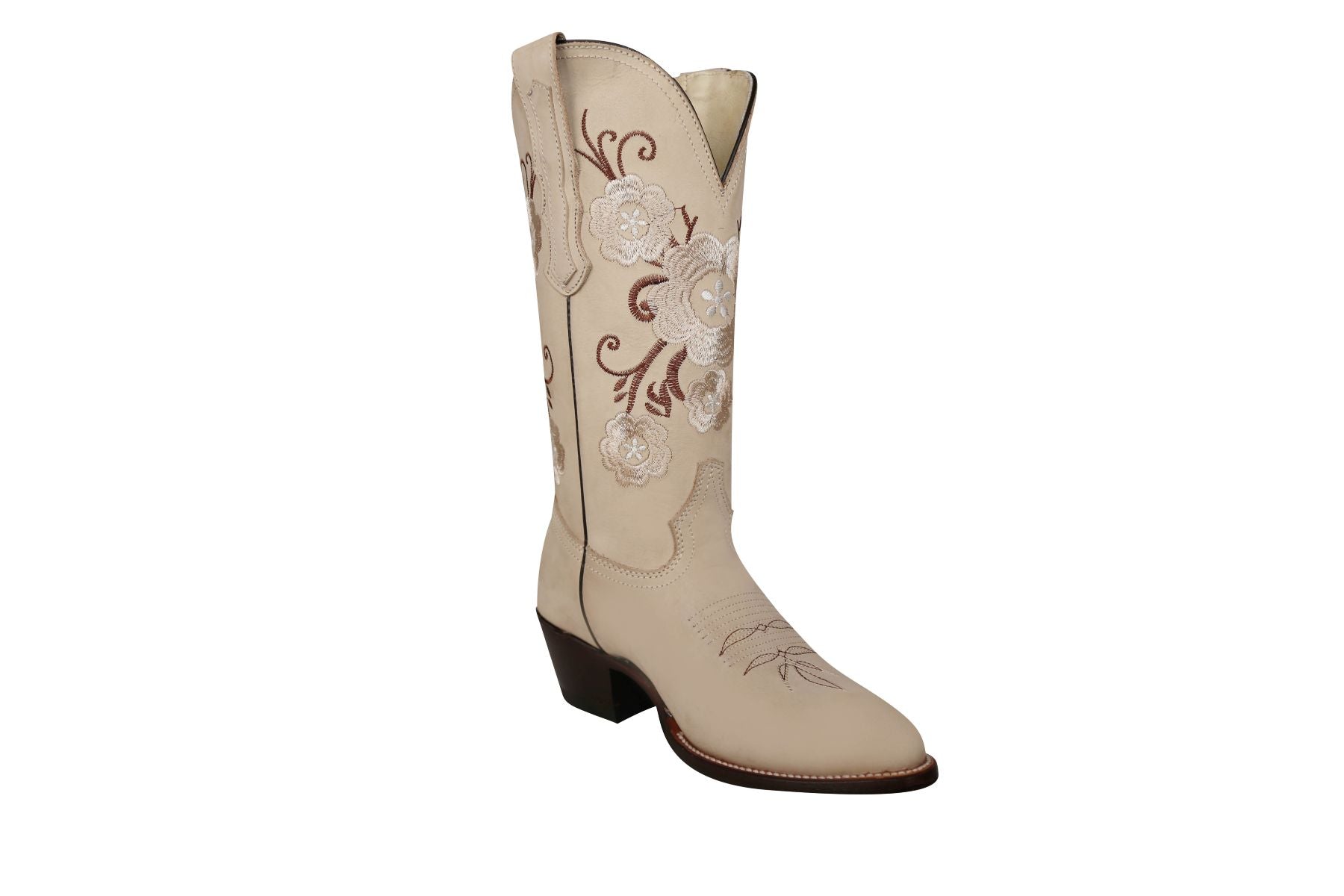 bota vaquera de dama piel nobuck color hueso con estampado de flor diseño femenino