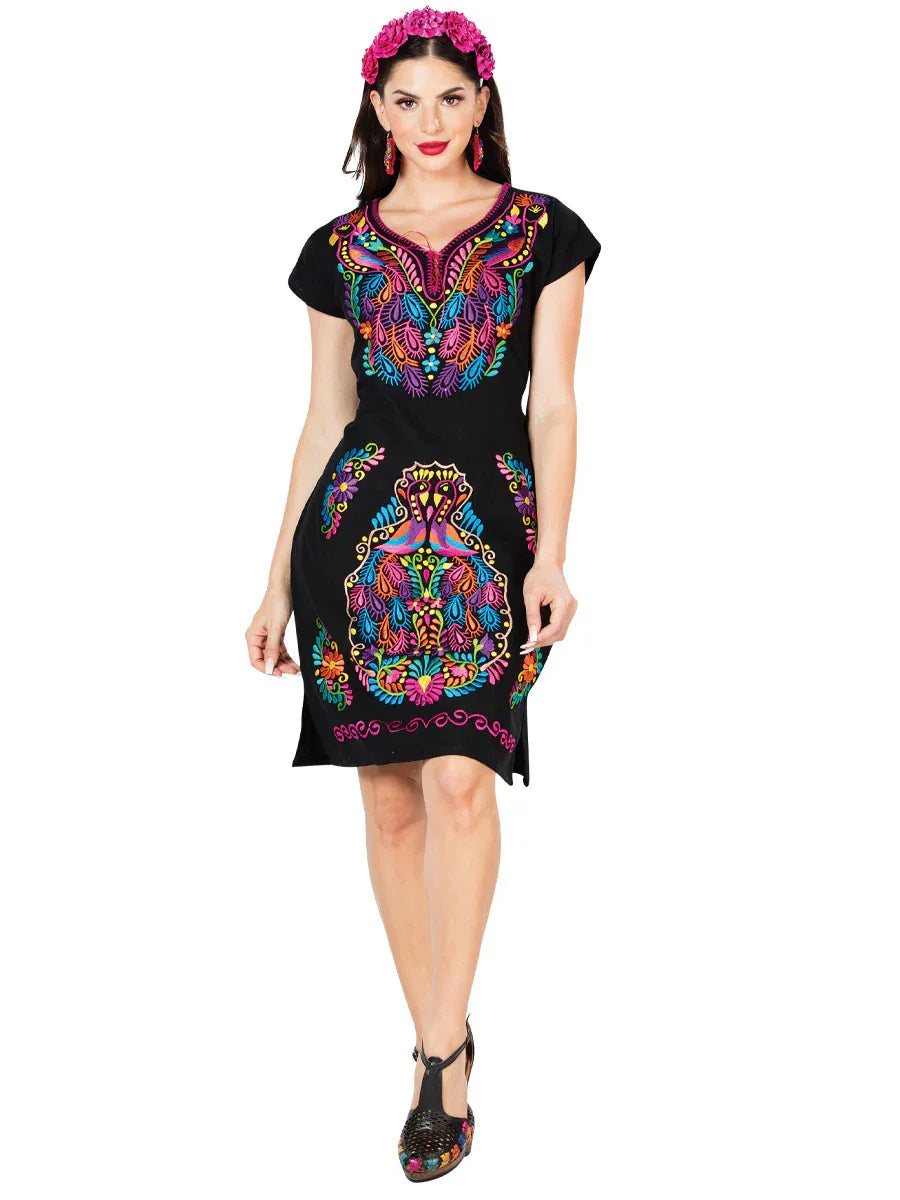 Artisanal Embroidered Dress 100% Cotton Black 603093 - N4dboots.com