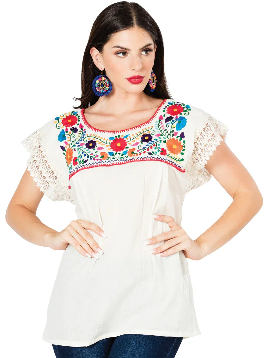 Artisanal Embroidered Blouse 100% Cotton Beige 603097 - N4dboots.com