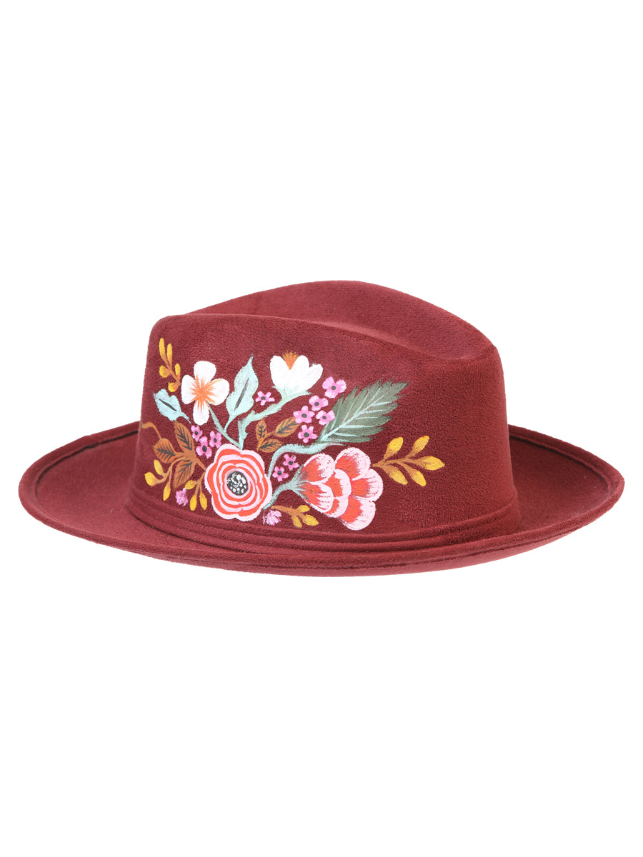 Artisanal Hand Painted Hat Suede Wine 603821