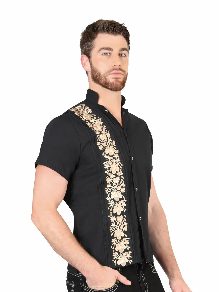 Mexican Embroidered Guayabera 100% Cotton Black 604003 - N4dboots.com