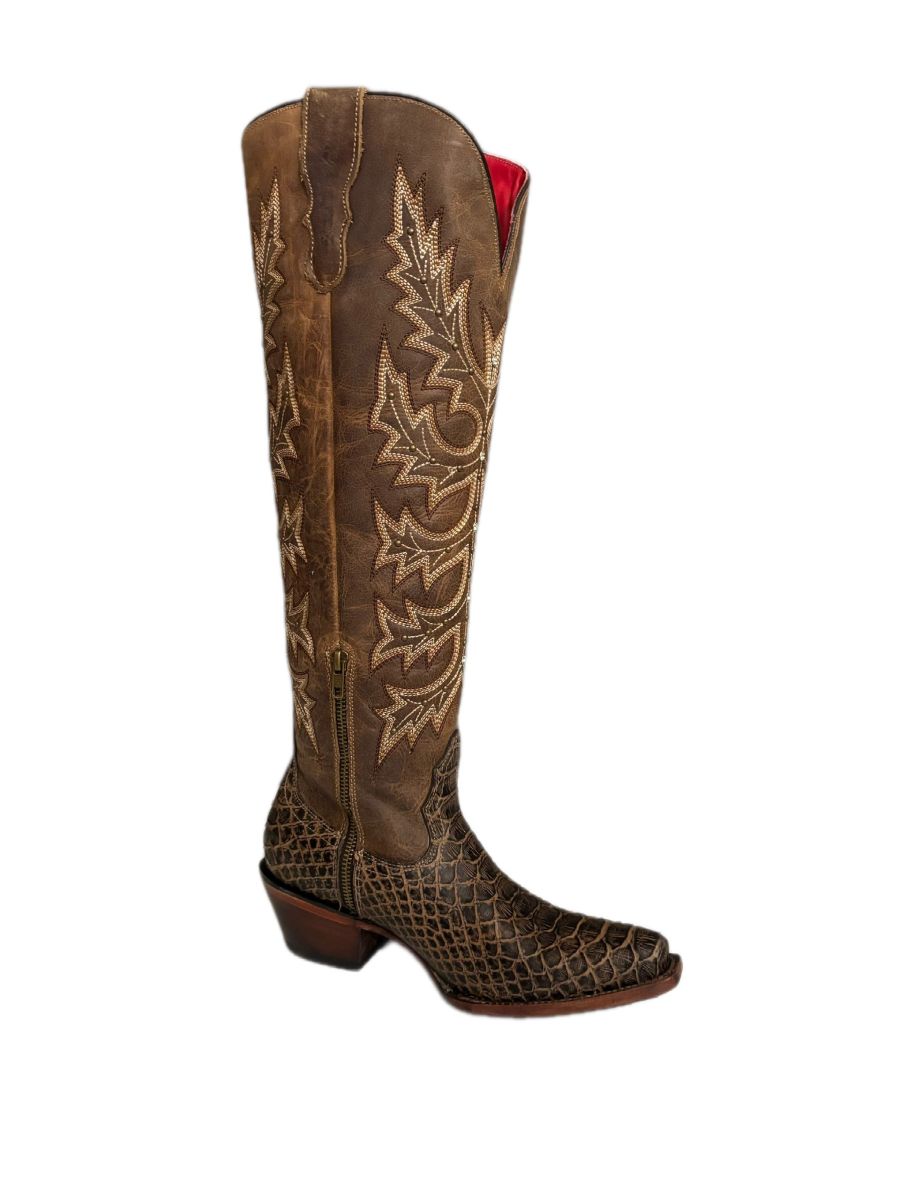 bota vaquera de mujer Crusada piel imitación pitón color café y orix diseño western con tacón estilizado