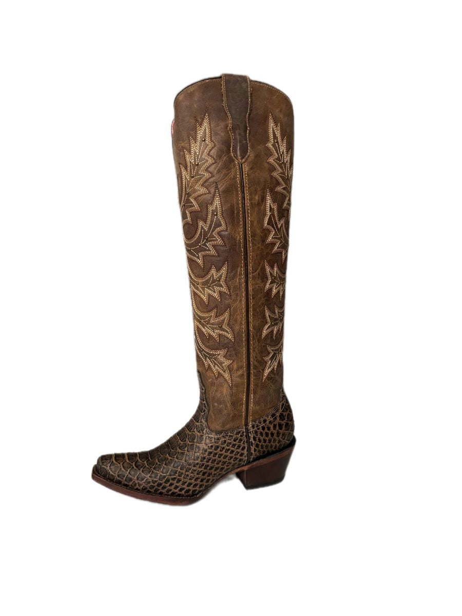 bota vaquera de mujer Crusada piel imitación pitón color café y orix diseño western con tacón estilizado