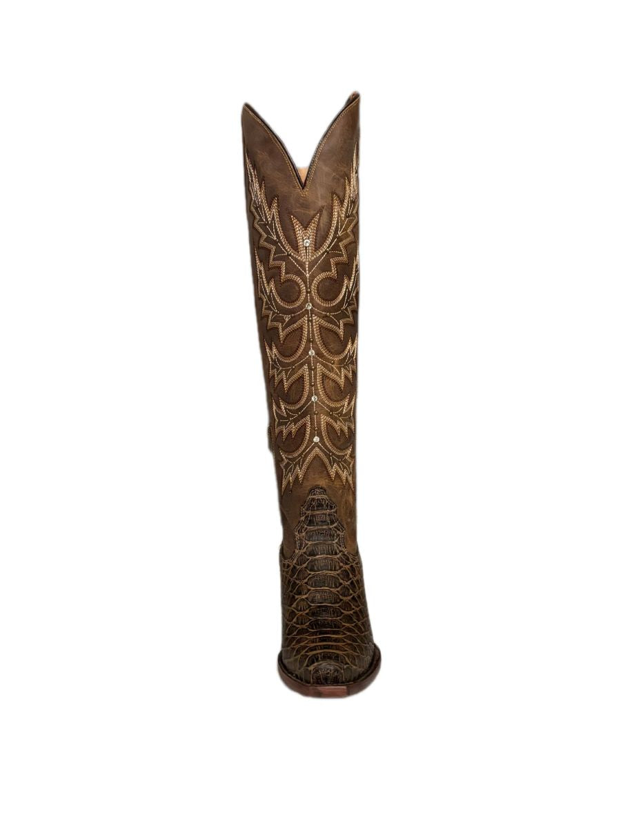 bota vaquera de mujer Crusada piel imitación pitón color café y orix diseño western con tacón estilizado