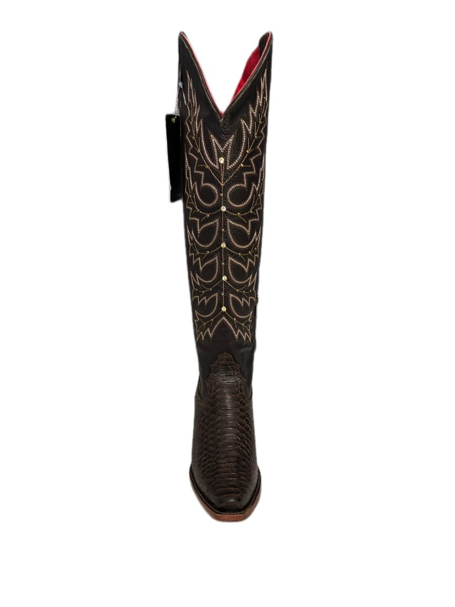 bota vaquera de mujer Crusada piel imitación pitón color café y orix diseño western con tacón estilizado