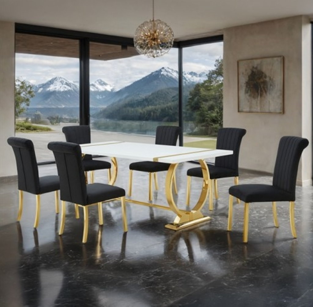 HOLBAEK 5 Pc 80" Dining Table Set | FM37008GD-T-5PC-07GB Color Gold/Black