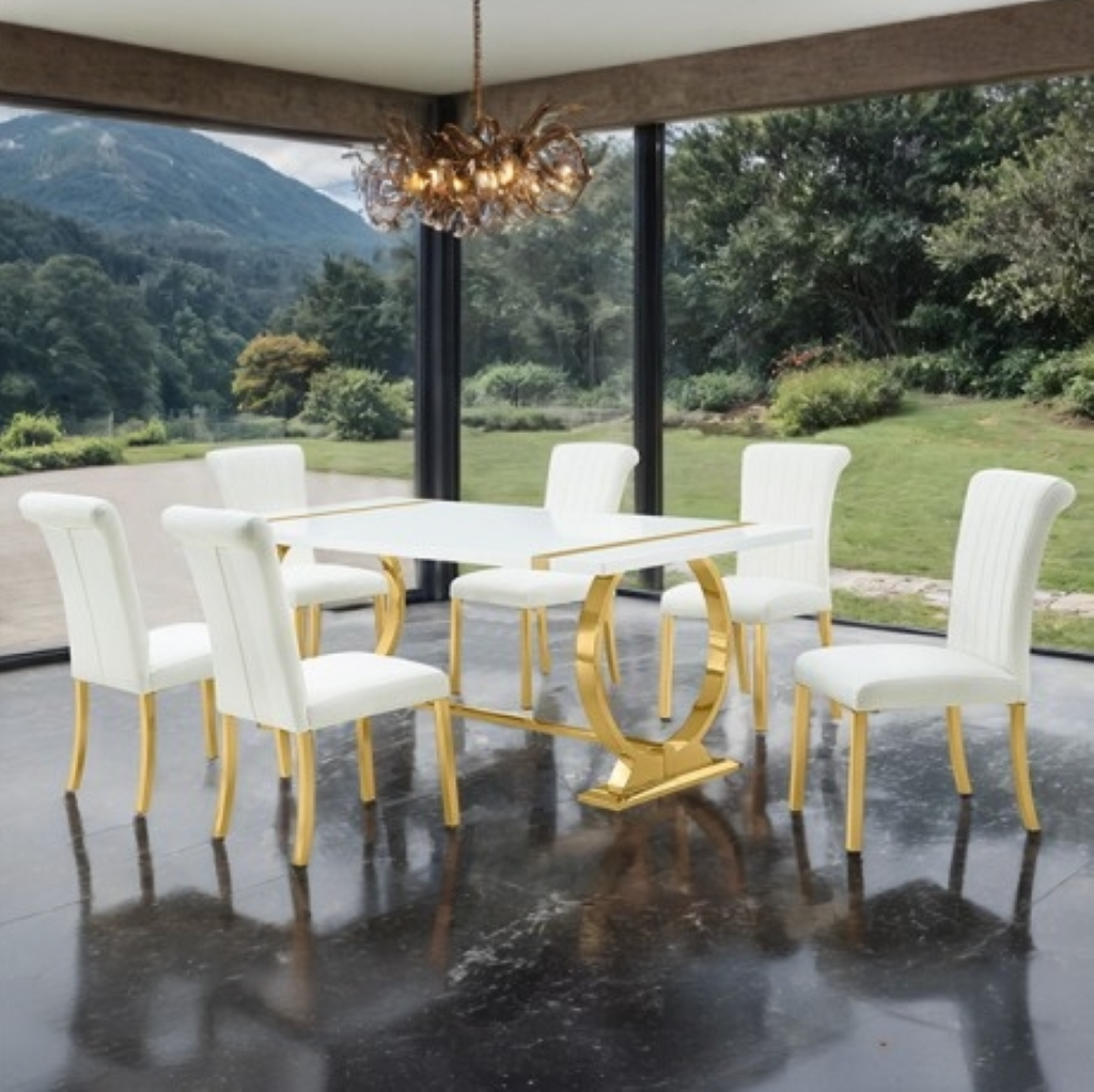 HOLBAEK 5 Pc 80" Dining Table Set | FM37008GD-T-5PC-07GW Color Gold/ White