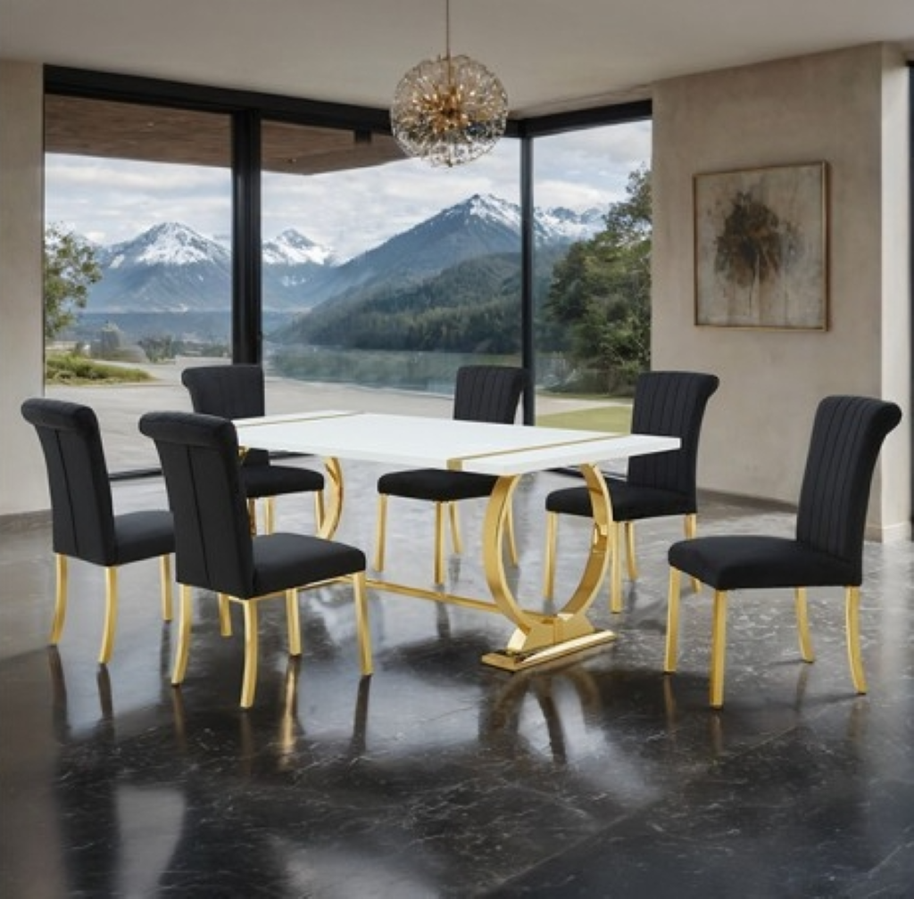 HOLBAEK 7 Pc 80" Dining Table Set | FM37008GD-T-7PC-07GB Color Gold Black
