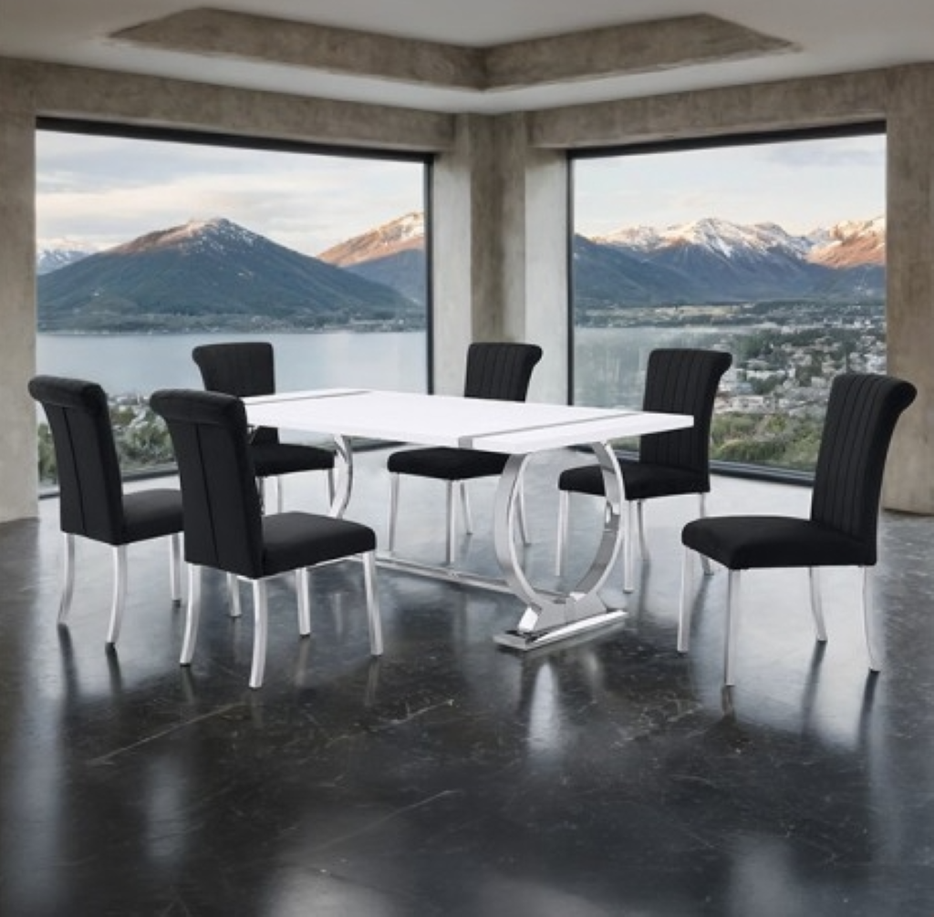 HOLBAEK 5 Pc 80" Dining Table Set | FM37008SV-T-5PC-07SB Color Silver Black