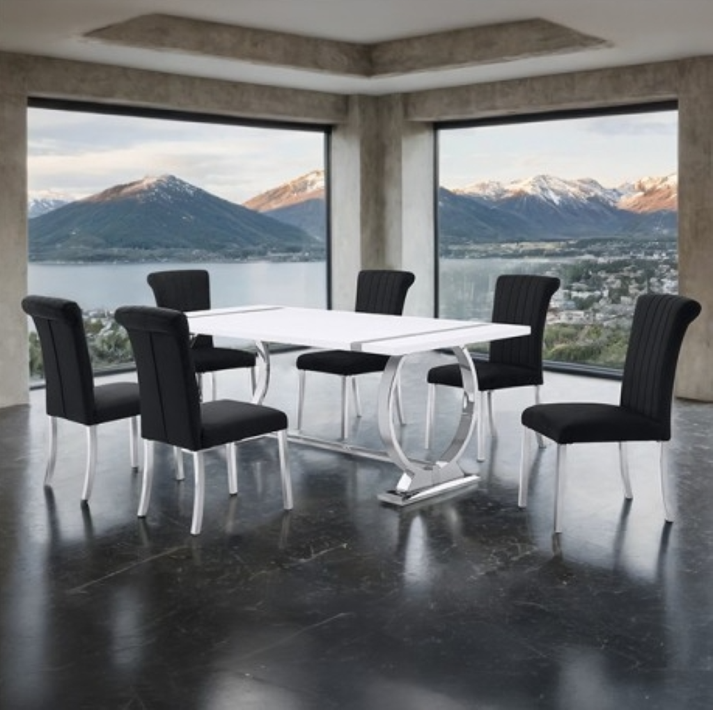 HOLBAEK 7 Pc 80" Dining Table Set | FM37008SV-T-7PC-07SB Color Silver Black