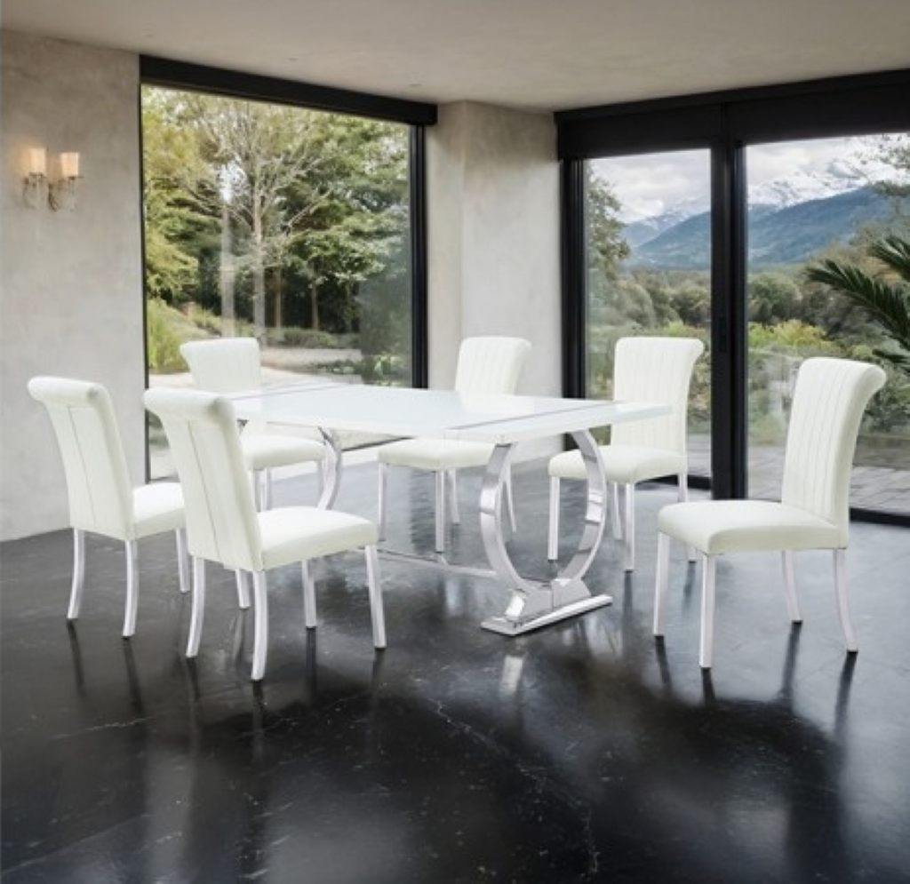 HOLBAEK 7 Pc 80" Dining Table Set | FM37008SV-T-7PC-07SW Color Silver White