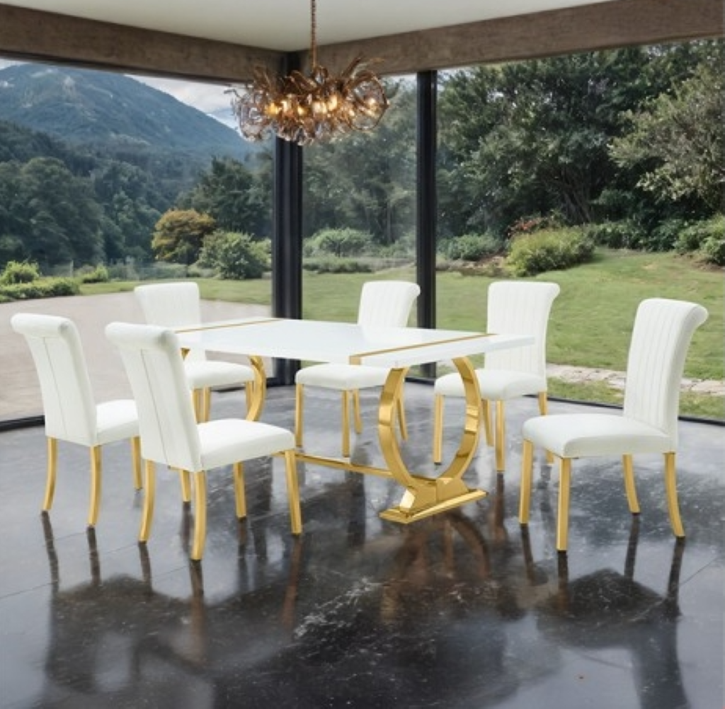 HOLBAEK 7 Pc 80" Dining Table Set | FM37008GD-T-7PC-07GW Color Gold White