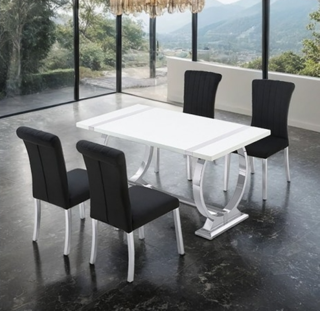 HOLSTEBRO 5 Pc 60" Dining Table Set | FM37007SV-T-5PC-07SB Color Silver Black