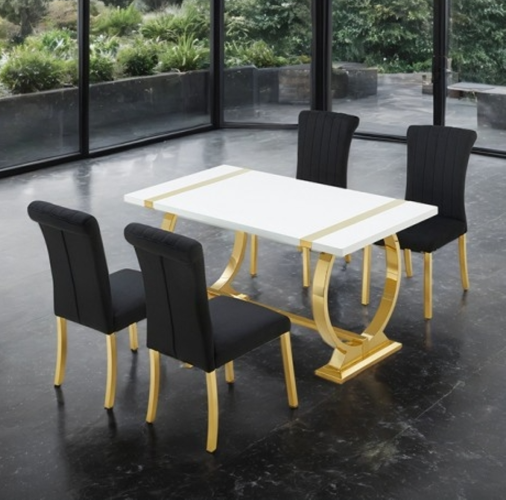 HOLSTEBRO 5 Pc 60" Dining Table Set | FM37007GD-T-5PC-07GB Color Gold/White/Black