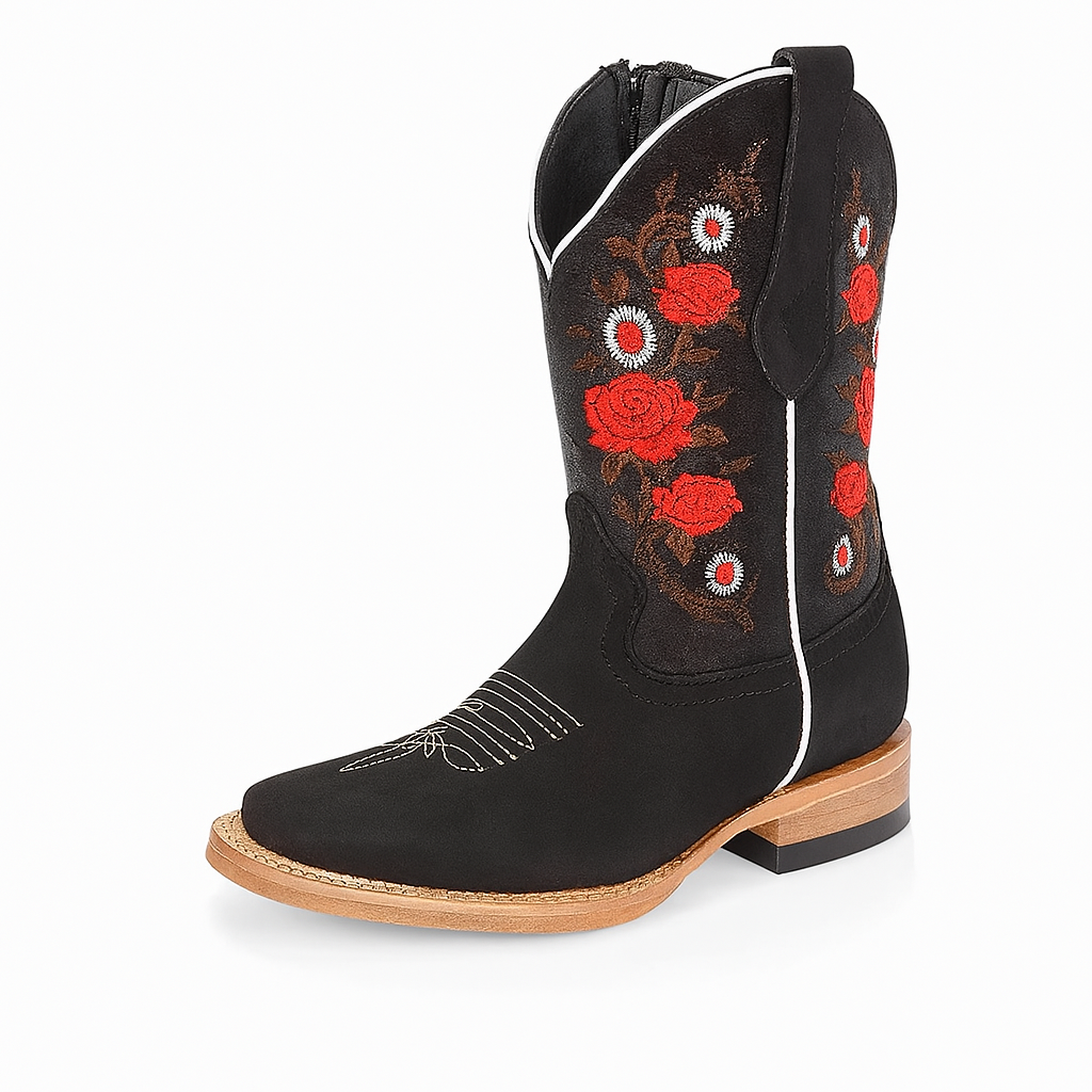 Botas rodeo para NIñas Negro con Flores Rojas