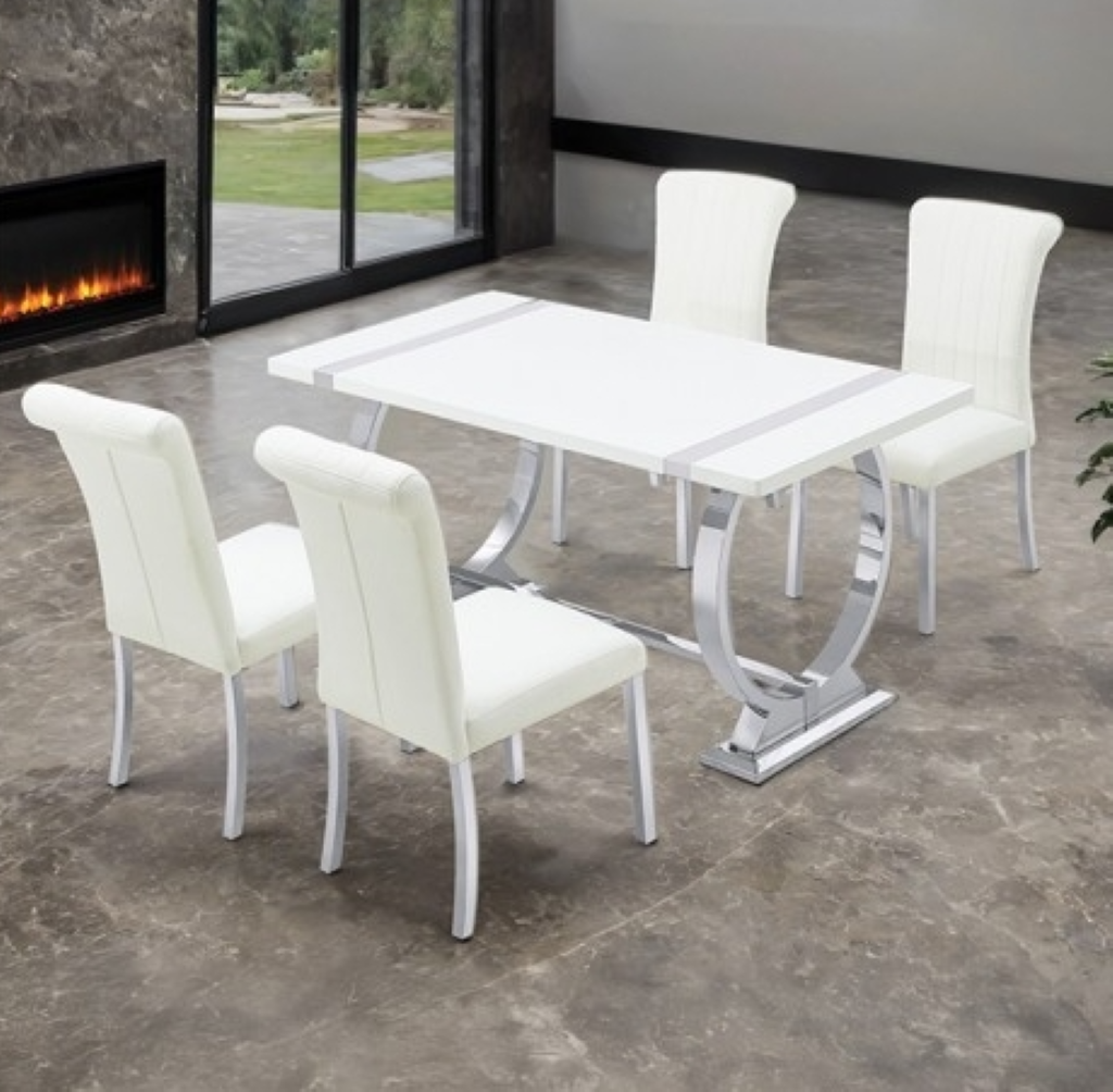 HOLSTEBRO 5 Pc 60" Dining Table Set | FM37007SV-T-5PC-07SW Color Silver White