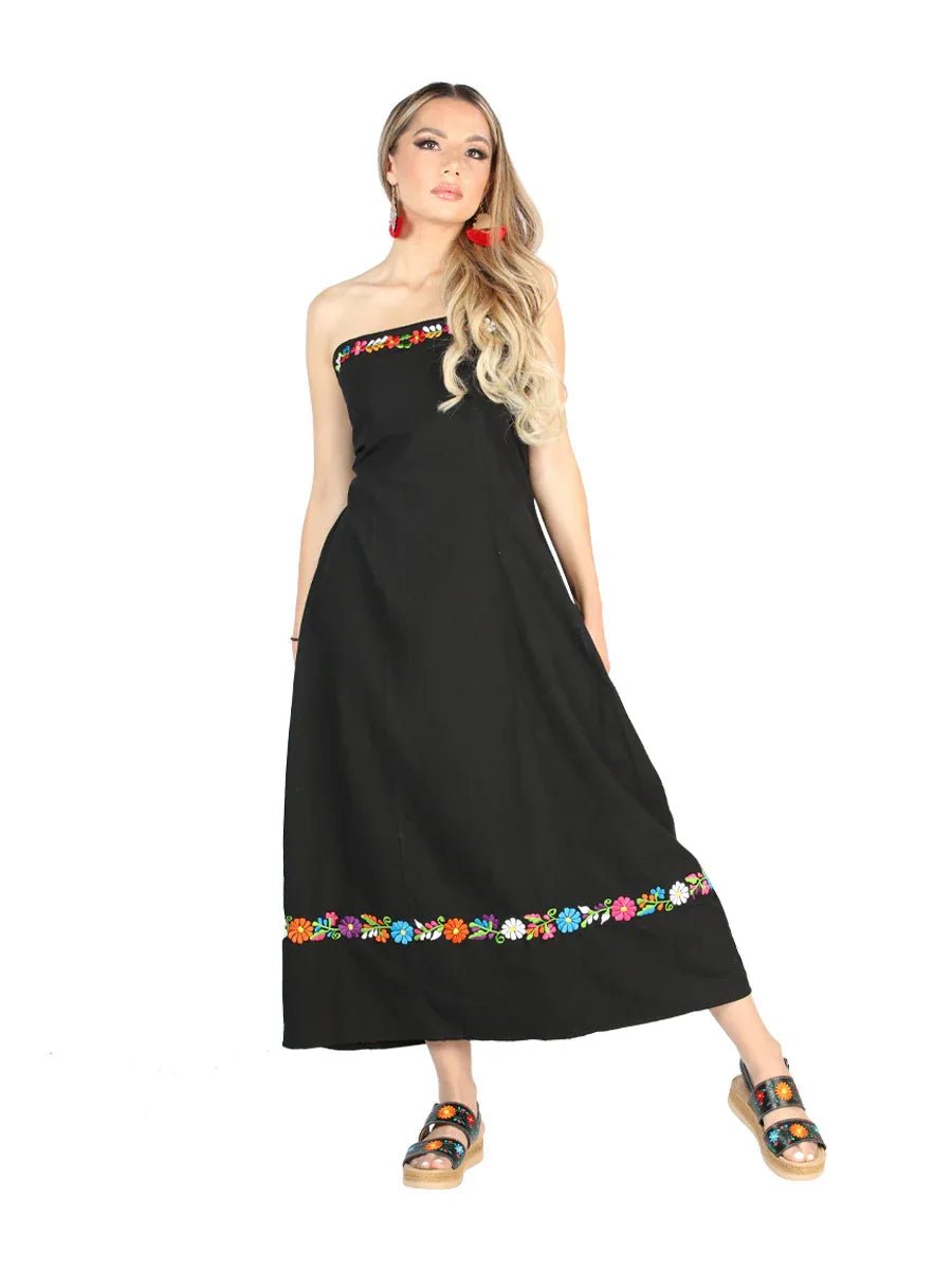 Artisanal Embroidered Dress 100% Cotton Black 604053 - N4dboots.com